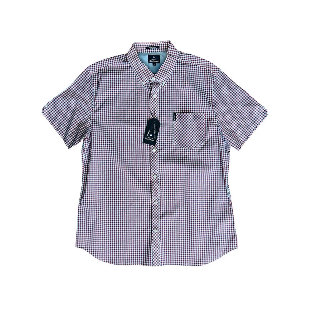 Ben Sherman Stretch Fit XL Red White Blue Gingham S/S Shirt Button Down